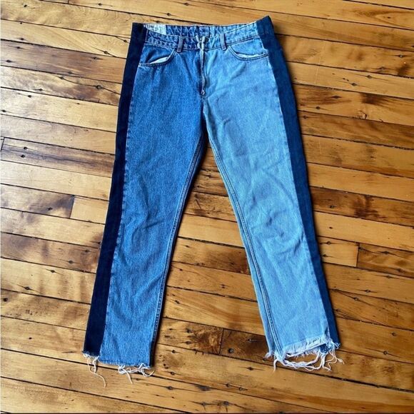 Zara Trf Patchwork Two-tone Jeans Size 6 Mid Rise Row Hem Straight Leg Like New - Picture 2 of 5
